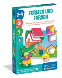 Spielverpackung mit dem Titel 'Formen und Farben'. Enthält bunte Formen und Illustrationen von Tieren.