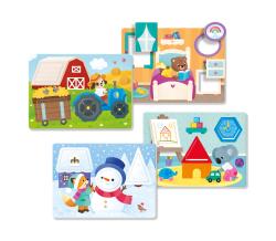 Spielverpackung mit dem Titel 'Formen und Farben'. Enthält bunte Formen und Illustrationen von Tieren.