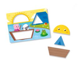 Spielverpackung mit dem Titel 'Formen und Farben'. Enthält bunte Formen und Illustrationen von Tieren.