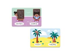 Spielverpackung für Mini-Puzzles mit dem Titel 'Gegensaetze'. Illustrationen von Tieren und Wörtern wie Tag, Nacht, groß und klein.