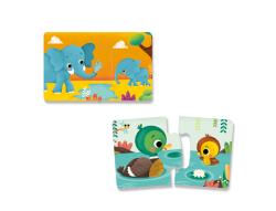 Spielbox mit dem Titel 'Tiere und Tierkinder'. Enthält bunte Illustrationen von Tieren und ihren Jungen.