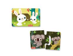 Spielbox mit dem Titel 'Tiere und Tierkinder'. Enthält bunte Illustrationen von Tieren und ihren Jungen.