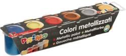 Set mit sechs Dosen metallischer Farben. Farben sind blau, gelb, rot, orange, silber und gold.