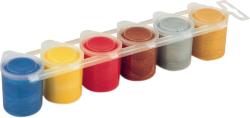 Set mit sechs Dosen metallischer Farben. Farben sind blau, gelb, rot, orange, silber und gold.