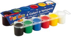 Set mit sechs Temperafarb-Töpfen in verschiedenen Farben. Verpackung zeigt die Farben und den Markennamen.