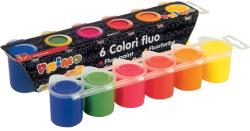 Set mit sechs Farbbehältern. Farben: Blau, Grün, Pink, Orange, Gelb. Verpackung schwarz mit bunten Zeichnungen.