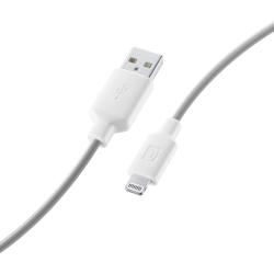 Weißes USB-Kabel mit einem USB-Anschluss auf der einen und einem Lightning-Anschluss auf der anderen Seite. Der Kabelmantel ist grau.