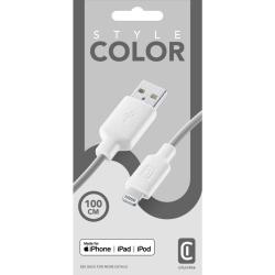 Weißes USB-Kabel mit einem USB-Anschluss auf der einen und einem Lightning-Anschluss auf der anderen Seite. Der Kabelmantel ist grau.