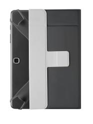 Tablet in einer schwarzen Hülle. Hülle hat einen Ständer. Stylus-Stift liegt neben dem Tablet. Bildschirm zeigt sanfte, bunte Farben.