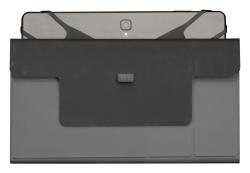 Tablet in einer schwarzen Hülle. Hülle hat einen Ständer. Stylus-Stift liegt neben dem Tablet. Bildschirm zeigt sanfte, bunte Farben.