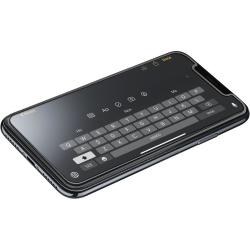 Smartphone mit gebrochenem Bildschirm. Ein Pfeil steckt im Display. Icons auf dem Bildschirm sichtbar.