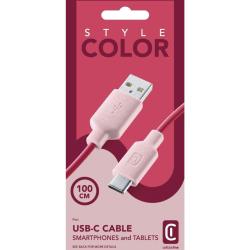 USB-Kabel in pink und rot. Ein Ende ist ein USB-A-Stecker, das andere ein USB-C-Stecker.