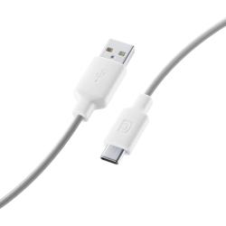 Weißes USB-Kabel mit einem USB-A und einem USB-C Anschluss. Der Kabelmantel ist grau.