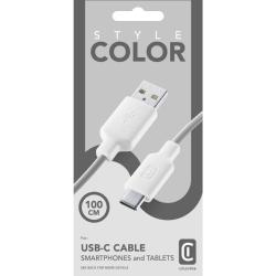 Weißes USB-Kabel mit einem USB-A und einem USB-C Anschluss. Der Kabelmantel ist grau.