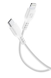 Weißes Kabel mit einem USB-C und einem Lightning-Anschluss. Beide Enden sind glatt und rund.