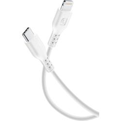 Weißes Kabel mit einem USB-C und einem Lightning-Anschluss. Es ist glatt und hat eine flexible Ummantelung.