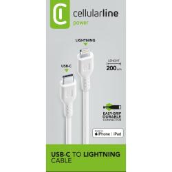 Weißes Kabel mit einem USB-C und einem Lightning-Anschluss. Es ist glatt und hat eine flexible Ummantelung.
