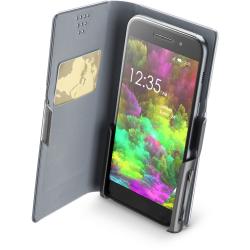 Smartphone-Hülle in grau mit Klappdesign. Das Display zeigt bunte Farben und die Uhrzeit an.