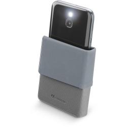 Smartphone-Hülle in grau mit Klappdesign. Das Display zeigt bunte Farben und die Uhrzeit an.