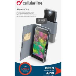 Smartphone-Hülle in grau mit Klappdesign. Das Display zeigt bunte Farben und die Uhrzeit an.