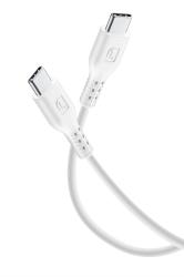 Weißes USB-C-Kabel mit zwei Anschlüssen. Die Enden sind glatt und metallisch.