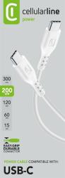 Weißes USB-C-Kabel mit zwei Anschlüssen. Die Enden sind glatt und metallisch.