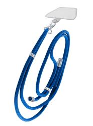 Blauer Kordelzug mit silbernen Elementen. Eine flache, rechteckige Platte ist angebracht.
