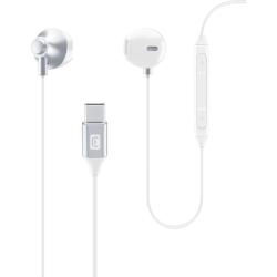 Weiße Kopfhörer mit einem USB-C-Anschluss. Sie haben eine Steuerungseinheit mit Lautstärkeregler.
