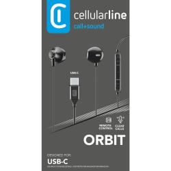 Schwarze In-Ear Kopfhörer mit USB-C Anschluss. Mit Lautstärkeregler und Mikrofon.