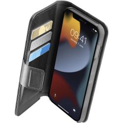 Schwarze Handyhülle mit Platz für Kreditkarten. Das Handy ist sichtbar und zeigt den Bildschirm.