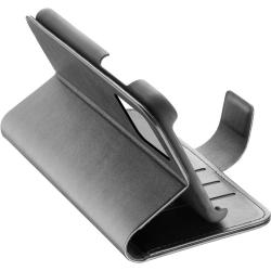 Schwarze Handyhülle mit Platz für Kreditkarten. Das Handy ist sichtbar und zeigt den Bildschirm.