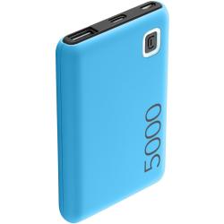 blauer Powerbank mit einer Kapazität von 5000 mAh. Zwei Anschlüsse für das Laden von Geräten.