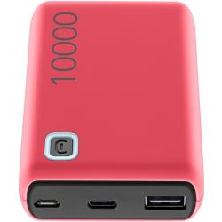 Rosa Powerbank mit der Kapazität von 10.000 mAh. Zwei Anschlüsse: USB-C und USB-A. Runde Taste auf der Seite.