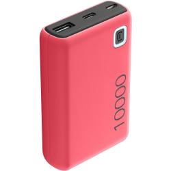 Rosa Powerbank mit der Kapazität von 10.000 mAh. Zwei Anschlüsse: USB-C und USB-A. Runde Taste auf der Seite.