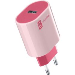 Ladegerät in rosa mit USB-Anschluss. Kompakte Form mit zwei Steckdosen.