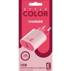 Ladegerät in rosa mit USB-Anschluss. Kompakte Form mit zwei Steckdosen.
