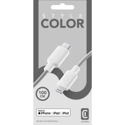 Kabel mit zwei Anschlüssen. Links USB-C, rechts Lightning. Farbe: Weiß. Flexibles, graues Kabel.