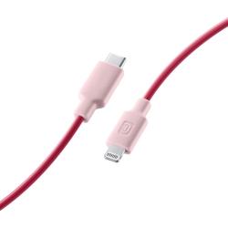 Rotes Kabel mit zwei Anschlüssen. Ein Ende ist USB-C, das andere Ende ist Lightning.
