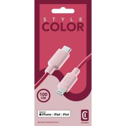 Rotes Kabel mit zwei Anschlüssen. Ein Ende ist USB-C, das andere Ende ist Lightning.