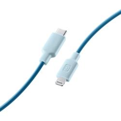 blauer Kabel mit USB-C und Lightning-Anschluss. Die Anschlüsse sind abgerundet und aus Kunststoff.