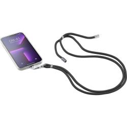 Smartphone in transparenter Hülle mit schwarzem Trageband. Das Display zeigt die Uhrzeit.