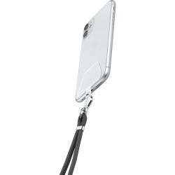 Smartphone in transparenter Hülle mit schwarzem Trageband. Das Display zeigt die Uhrzeit.