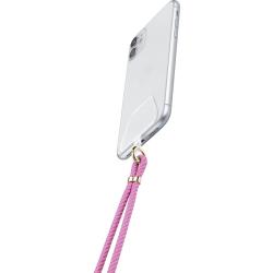 Smartphone mit durchsichtiger Hülle. Befestigt an pinkem, geflochtenem Lanyard. Lanyard hat goldene Akzente.