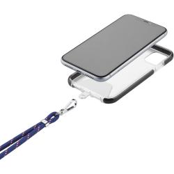 Smartphone mit transparentem Case. Befestigt an einem blauen, geflochtenen Lanyard. Lanyard hat orangefarbene Akzente.