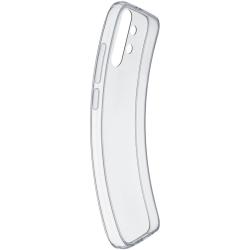 Schwarzes Smartphone mit einer transparenten Schutzhülle. Die Hülle ist leicht gebogen und schützt die Rückseite.
