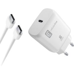 weißer USB-C Ladeadapter mit zwei USB-C Kabeln. Adapter hat eine glatte Oberfläche und zwei Steckkontakte.