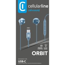 Blaue Ohrhörer mit USB-C Anschluss. Mit Steuerungstasten am Kabel.