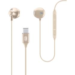 Kopfhörer in Beige. In-ear Design mit zwei Ohrstöpseln. USB-C Anschluss. Lautstärkeregler und Mikrofon am Kabel.