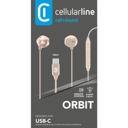Kopfhörer in Beige. In-ear Design mit zwei Ohrstöpseln. USB-C Anschluss. Lautstärkeregler und Mikrofon am Kabel.