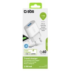 Reise-Ladegerät mit einem USB-Anschluss. Schnelles Laden mit 2,1 Ampere.
